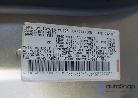 2000 Lexus Rx 300 из США, поврежденный, VIN JT6HF10U3Y0147927